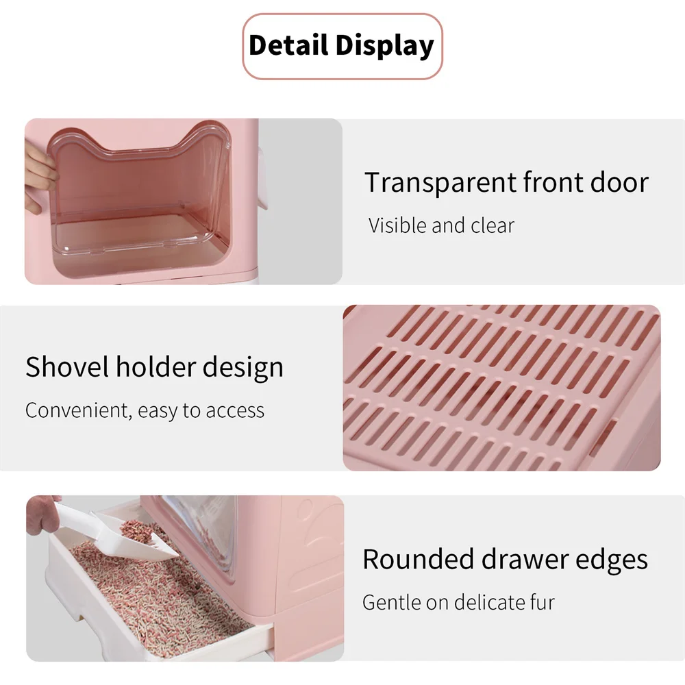 Large Pink Cat Litter Box Tray Top Entry Cat Toilet with Lid Hooded Kitten Litter Drawer Tray with Scoop No Smell Easy Cleaning - Image 7