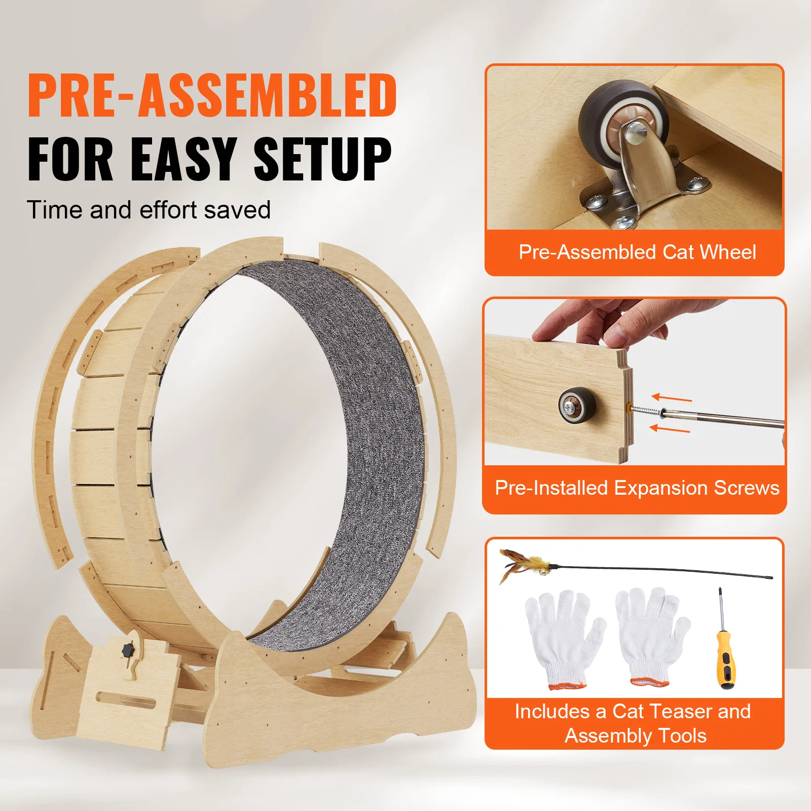 VEVOR Cat Exercise Wheel Natural Wood Silent Running Toy Treadmill Roller Wheel with Detachable Carpet for Most Cats Pet Fitness - Image 9